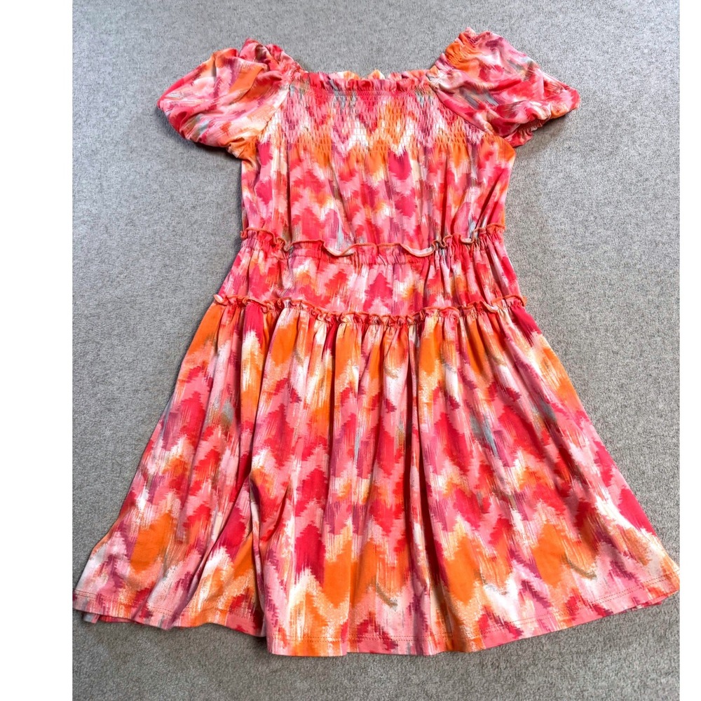 BCBG Girls Smocked Dress M Pink Orange Smocked Off Shoulder‎ Tiered Boho Style